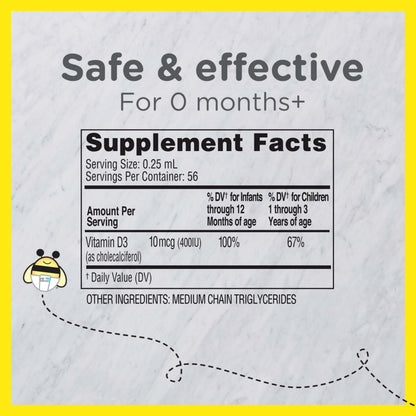 Zarbee's Vitamin D Drops for Infants, 400IU (10mcg) Baby & Toddler Liquid Supplement, Newborn & Up, Dropper Syringe Included, 0.47 Fl Oz