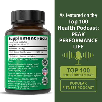 Peak Performance USDA Organic Ginger Root Capsules. Vegan Ginger Pills Supplement for Women & Men to Support Digestion, Occasional Nausea Relief, Gas & Bloat Support, and Gentle Stomach Comfort Peak PerformanceBuy Supplements Australia