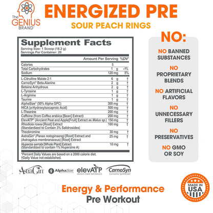 Genius Energized Pre Workout Powder – Caffeine Infused Pre-Workout Booster Supplement with Beta Alanine & Alpha GPC, No Artificial Sweeteners or Dyes - 200mg Caffeine, 20 Servings, Sour Peach Rings The Genius BrandBuy Supplements Australia
