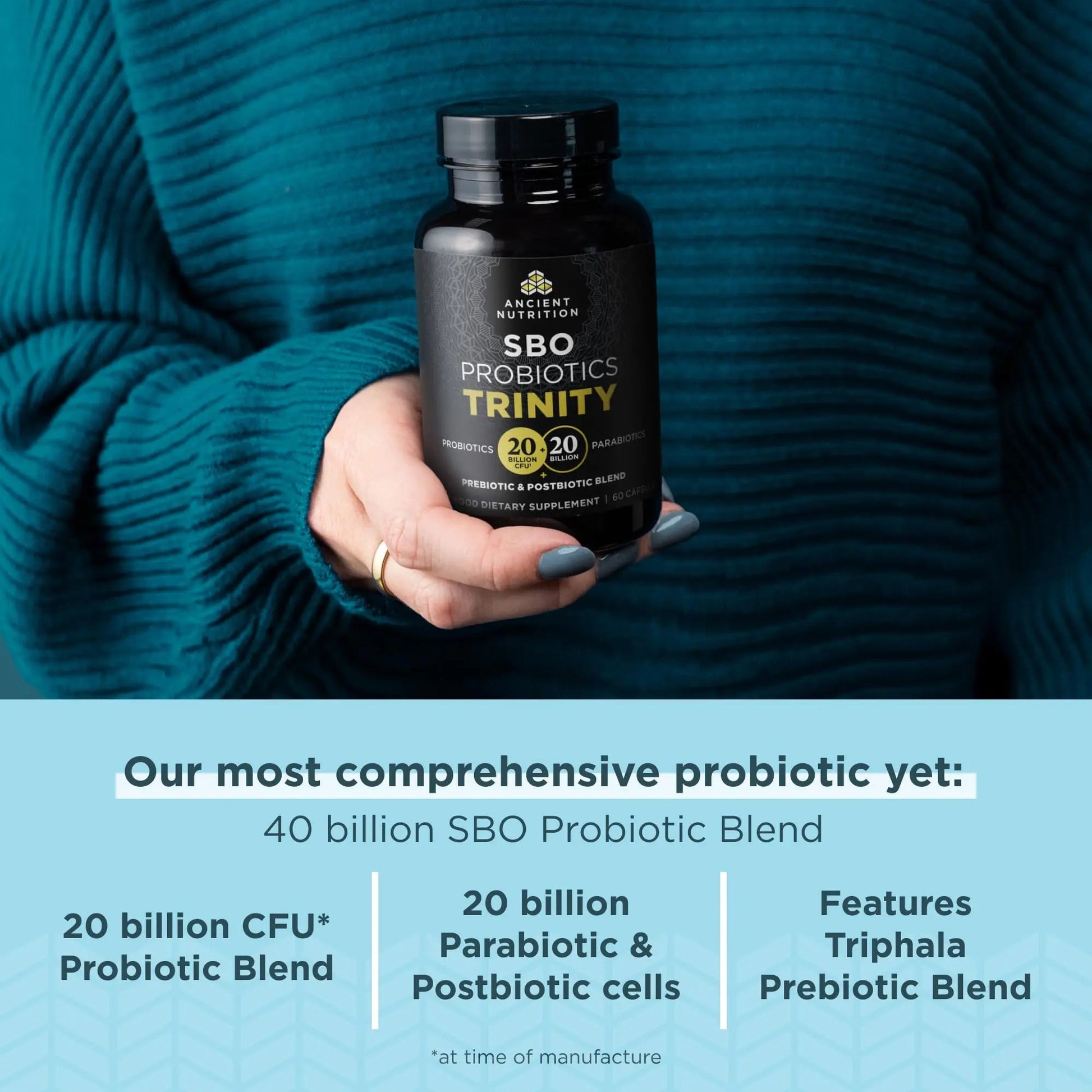 Ancient Nutrition SBO Probiotic Trinity Daily Care, Probiotics for Digestive Health, 40 Billion Blend of Prebiotics, Probiotics, Postbiotics, and Parabiotics Reduces Occasional Bloating, 60 Count Ancient NutritionBuy Supplements Australia