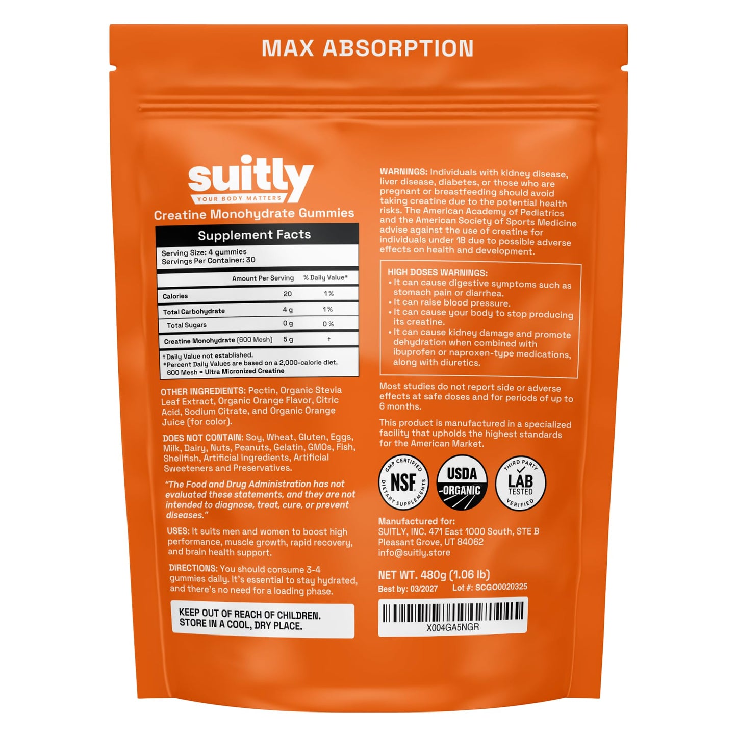 USDA Organic Ultra-Micronized Creatine Gummies for Men & Women; Orange Max Absorption 5g Creatine Gummies Sugar Free for Muscle Gain, Energy & Recovery; Muscle Builder for Women with Pouch - 120 Count SuitlyBuy Supplements Australia