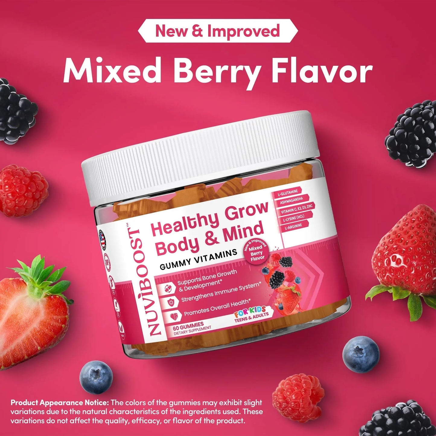 NUVIBOOST Healthy Grow Height Growth Gummies Rich in Calcium, Vitamins C, D3, K2, L-Arginine, Ashwagandha, and Others NUVIBOOST