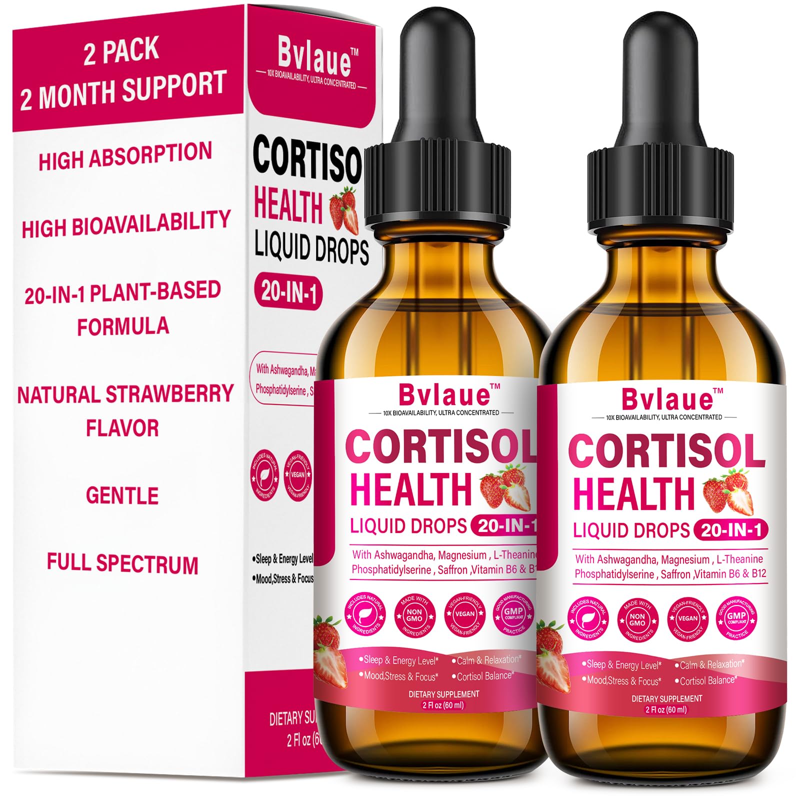 Bvlaue Cortisol Supplements Detox for Women - 20-in-1 Cortisol Reducer,Manager,Lower w/Ashwagandha,Magnesium,L-Theanine,Saffron,Rhodiola for Hormone Balance/Sleep/Stress Relief,Strawberry Flavor BvlaueBuy Supplements Australia