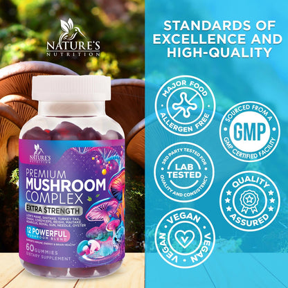 Mushroom Gummies Supplement 12 in 1 - High Grade Blend for Adults with Lions Mane, Reishi, Cordyceps, & Chaga Mushroom Complex Gummy, Memory & Immune Support & Nootropic Brain Supplements - 60 Gummies Nature's NutritionBuy Supplements Australia