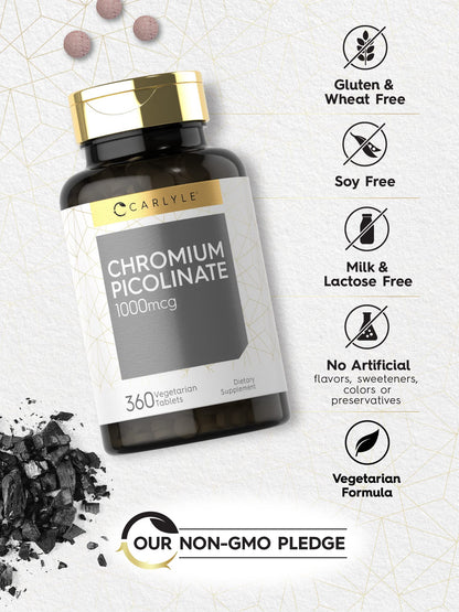Carlyle Ultra Chromium Picolinate 1000mcg | 360 Tablets | Vegetarian, Non-GMO, Gluten Free