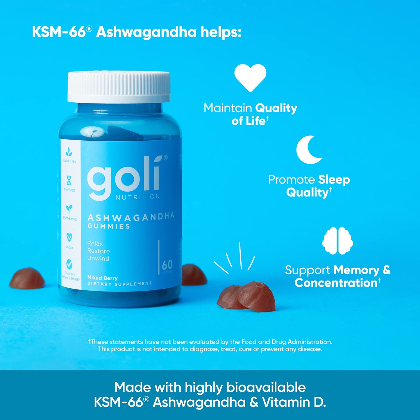 Goli Ashwagandha & Vitamin D Gummy - 180 Count - Mixed Berry, KSM-66, Vegan GoliBuy Supplements Australia