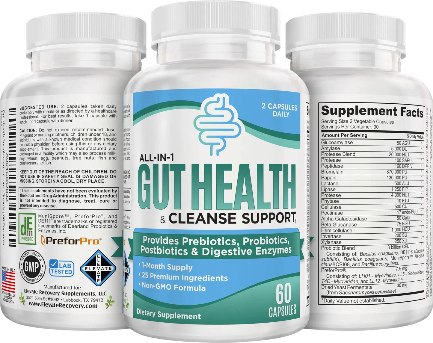 Gut Health Support Supplement (25-in-1) with Prebiotics, Probiotics, Postbiotics & Digestive Enzymes | Gut Supplements | 60 Capsules Elevate Recovery SupplementsBuy Supplements Australia