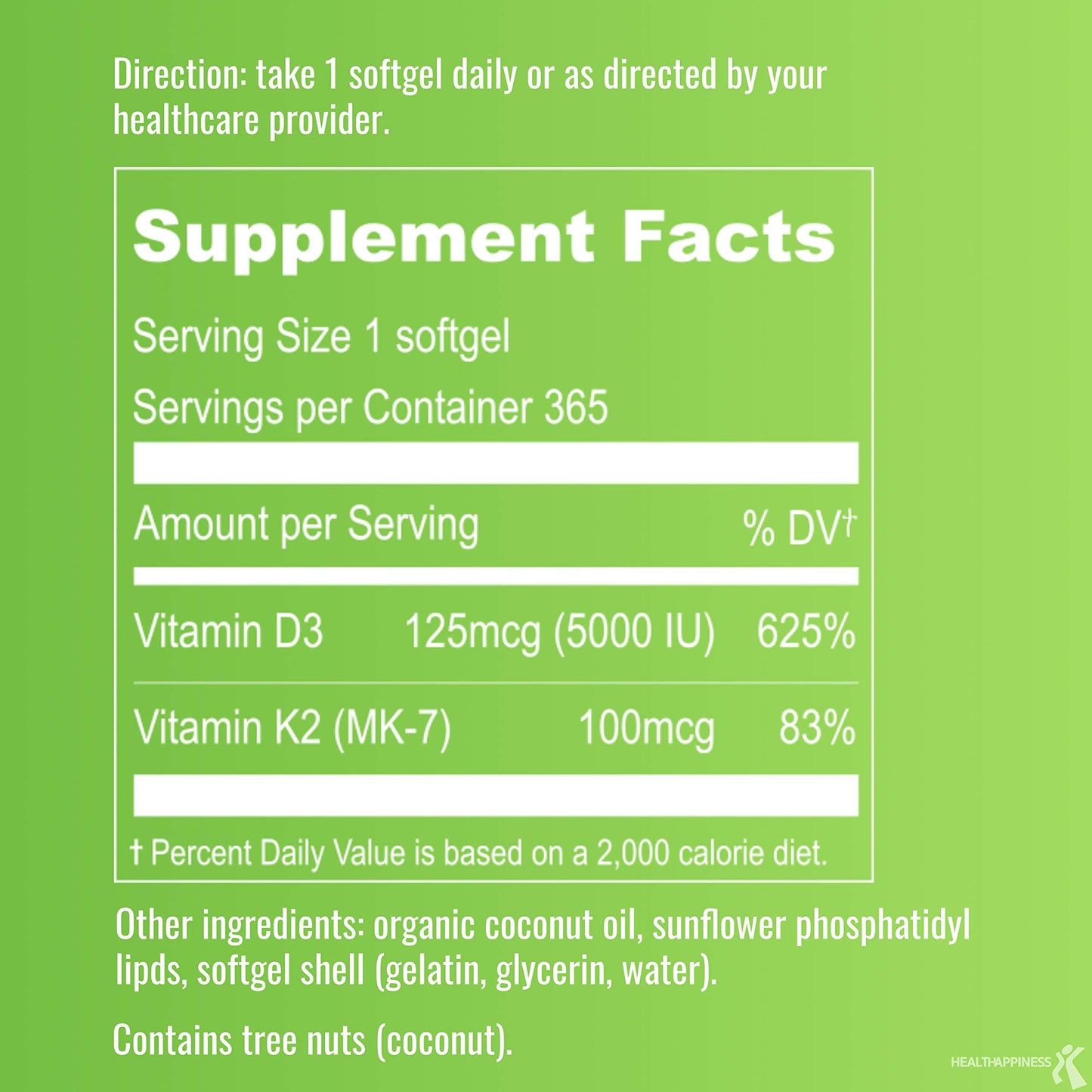 UpNourish Liposomal D3 K2 MK-7 – 365 Mini softgels with Organic Coconut Oil - 5000 IU 125 mcg Vitamin D3 and 100 mcg Vitamin k2