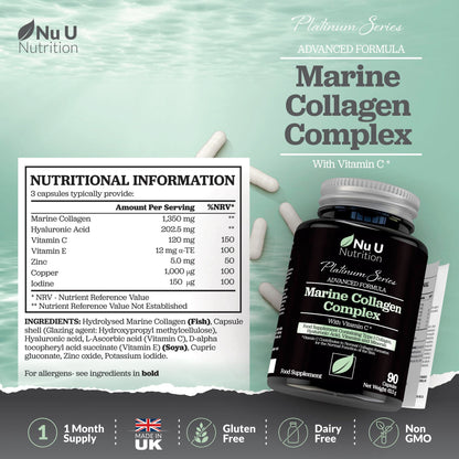 Marine Collagen with Hyaluronic Acid, Vitamin C - 90 Hydrolysed Capsules (not Tablets) - Premium High Strength Collagen Nu U NutritionBuy Supplements Australia