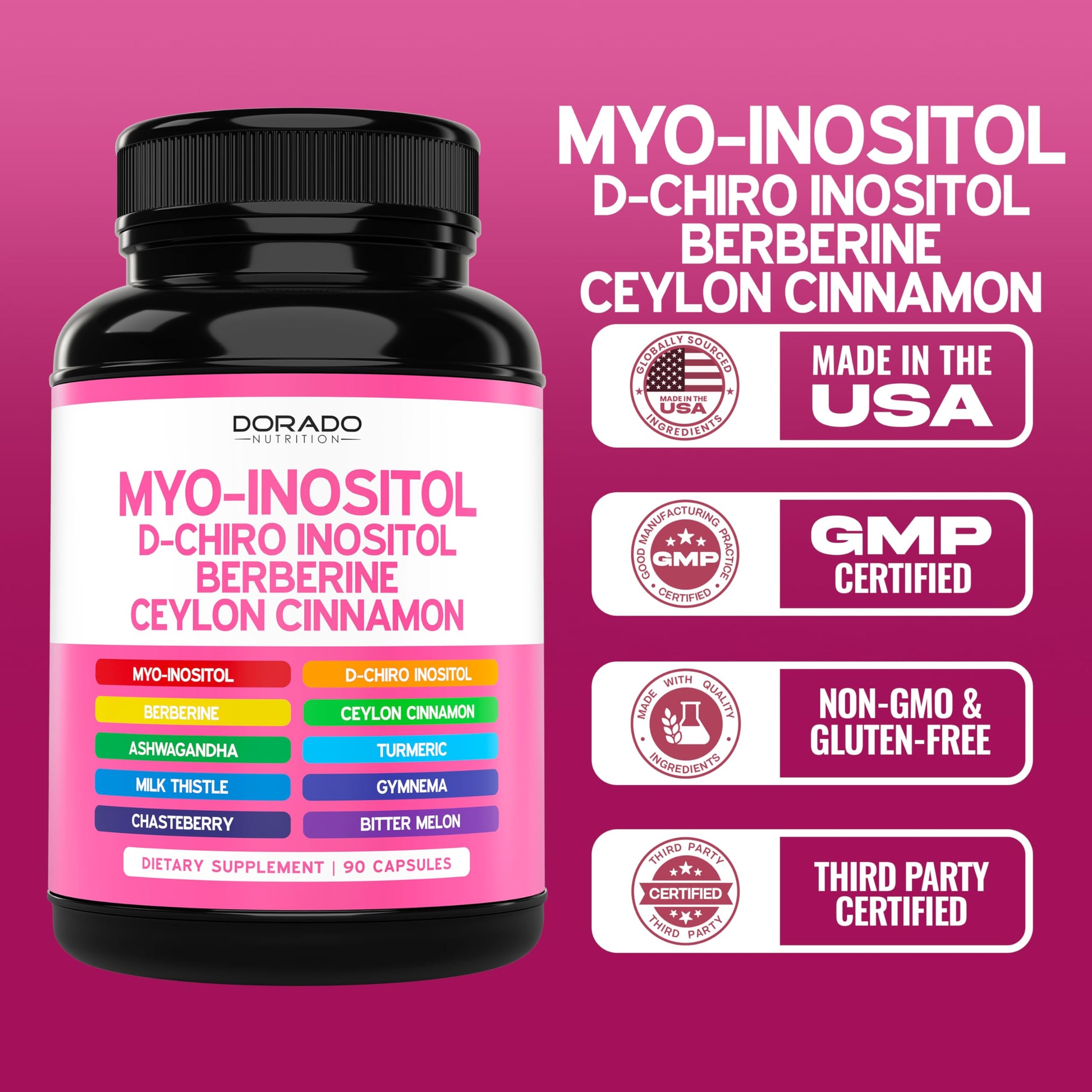 Myo-Inositol & D-Chiro Inositol Supplement For Women (90 Capsules, 40:1 Ratio Myo Inositol) Hormone Balance for Women - 10 in 1 Formula - Third Party Tested, Vegan Safe & USA Made - (90 Count) DORADO NUTRITIONBuy Supplements Australia
