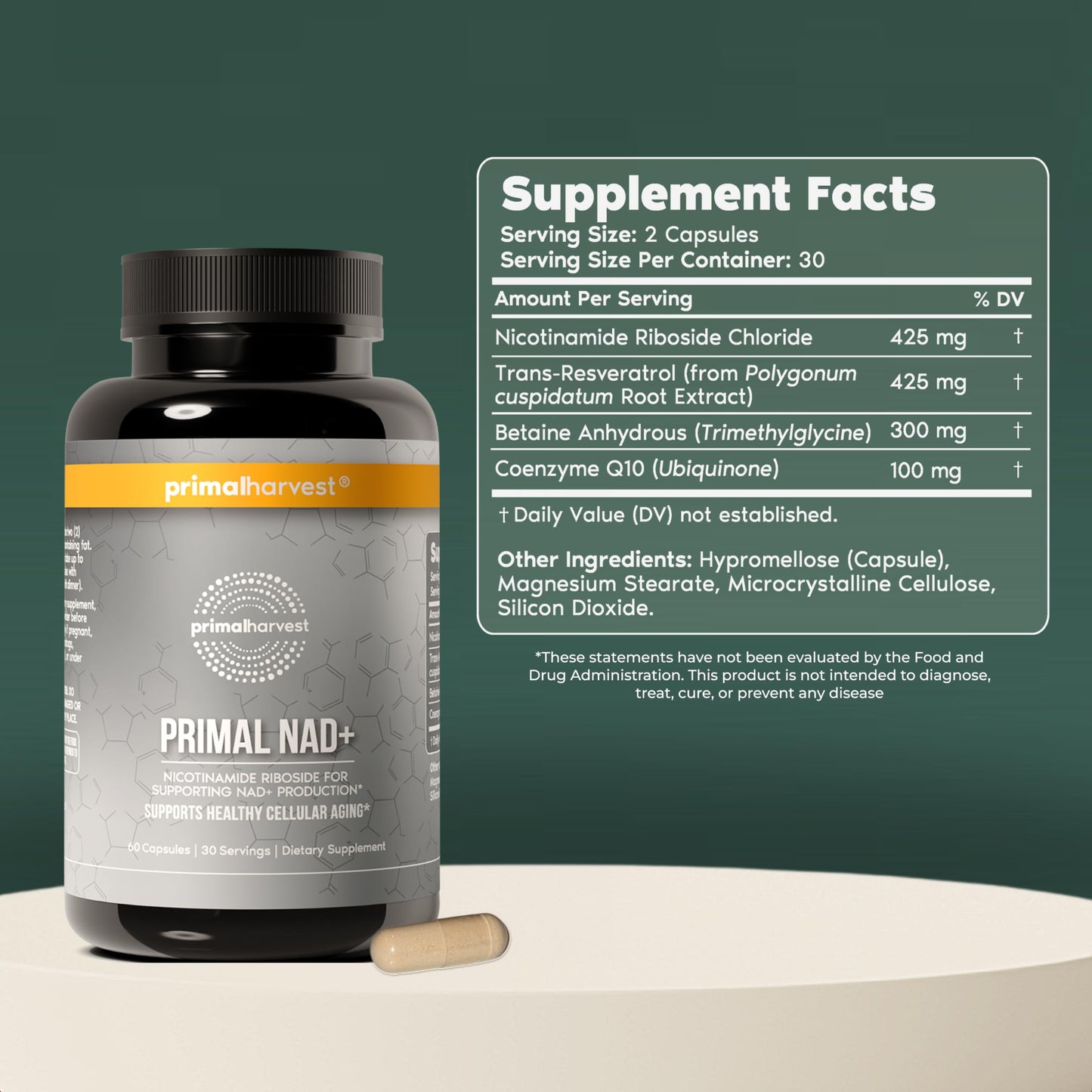 Primal Harvest NAD+ Supplement: Nicotinamide Riboside, Trans-Resveratrol, Betaine, CoQ10, NAD Supplements for Cellular Health, Energy, and Mitochondrial Support (60 Count (1 Pack) Primal HarvestBuy Supplements Australia
