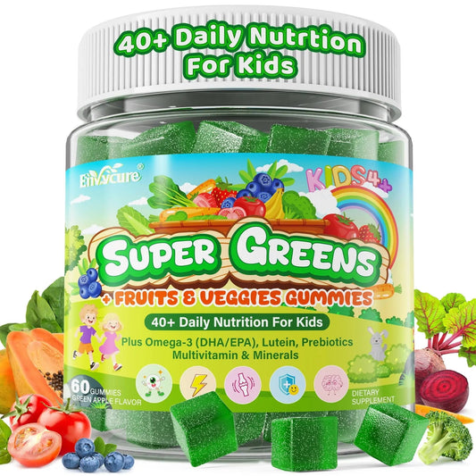 Kids Super Greens Gummies, w/Multivitamins, Spirulina, Chlorella, Spinach, Broccoli, Calcium, Omega-3 (DHA/EPA) EnvyCure
