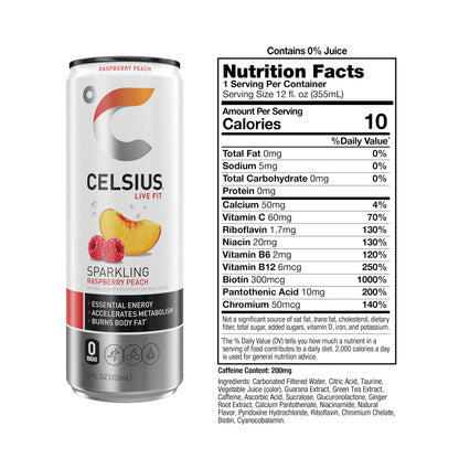CELSIUS Sparkling Raspberry Peach, Functional Essential Energy Drink 12 Fl Oz (Pack of 12) CELSIUSBuy Supplements Australia