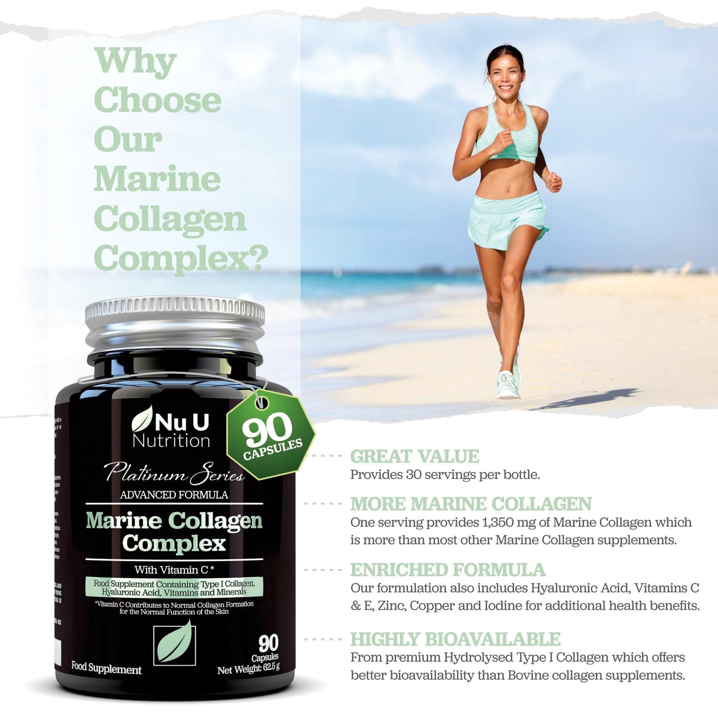 Marine Collagen with Hyaluronic Acid, Vitamin C - 90 Hydrolysed Capsules (not Tablets) - Premium High Strength Collagen Nu U NutritionBuy Supplements Australia