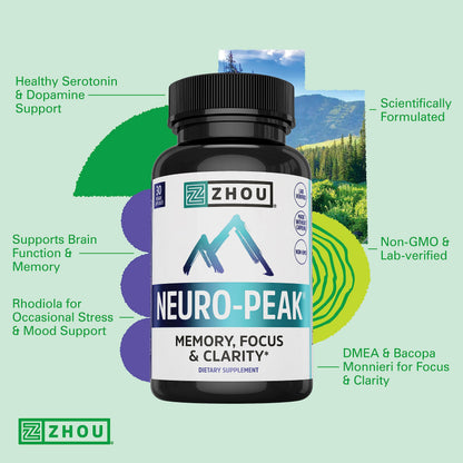 Zhou Neuro-Peak - Brain Supplements for Memory and Focus, Nootropic for Men & Women, Brain Support Pill for Adults, Brain Vitamins - 30 Veggie Capsules (Pack of 1) ZHOUBuy Supplements Australia