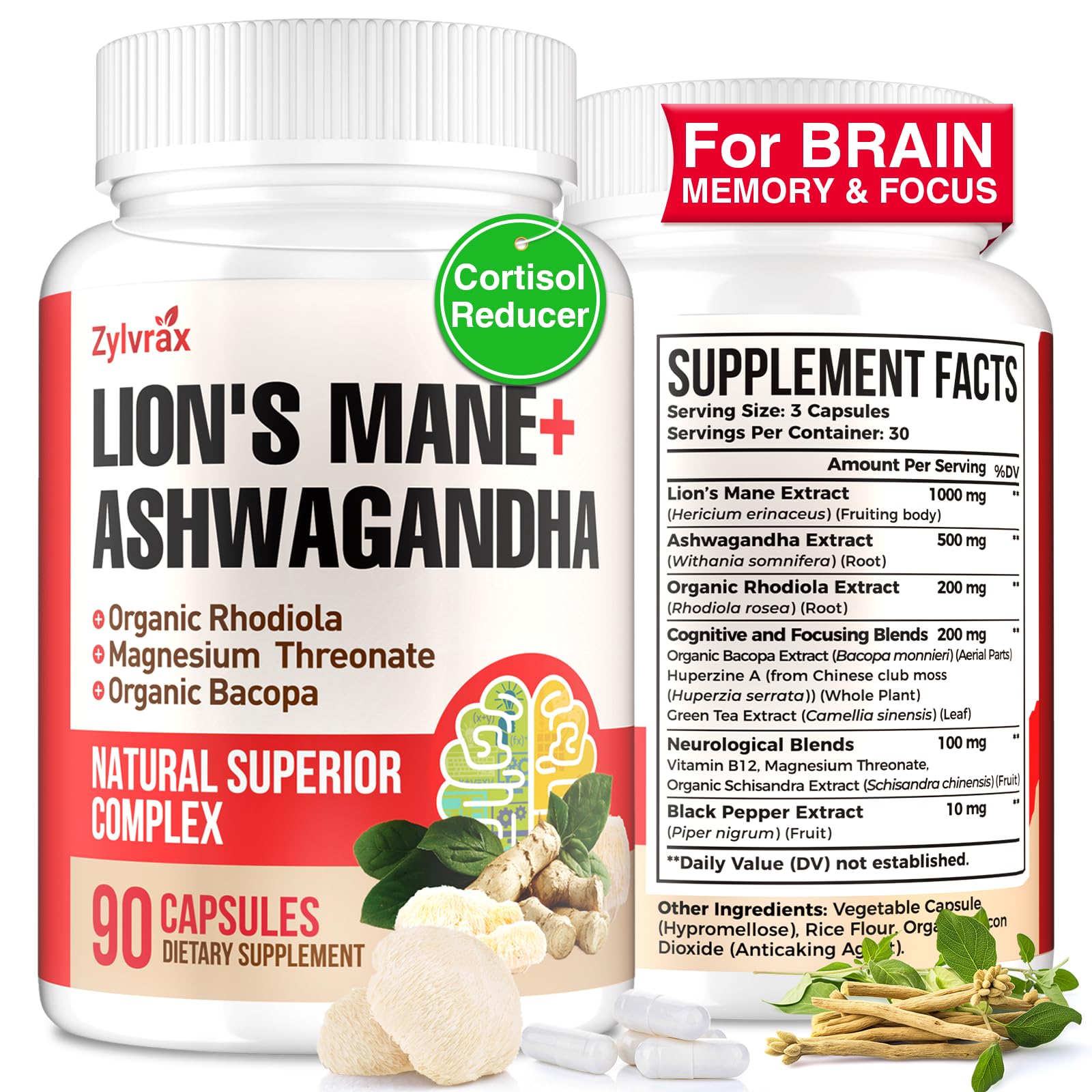 Ashwagandha & Lions Mane Supplements Capsules, Brain Supplements for Memory and Focus, Ashwagandha with Rhodiola Rosea for Cognitive, Immune Support, Cortisol Supplements for Women, 90 Capsules ZylvraxBuy Supplements Australia