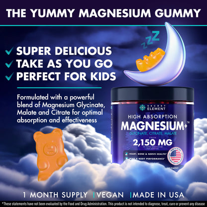 Secret Element Magnesium Glycinate 2150MG Gummies for Women and Men, High Absorption Magnesium Glycinate, Citrate, Malate Gummies for Adults & Kids, Sleep Support