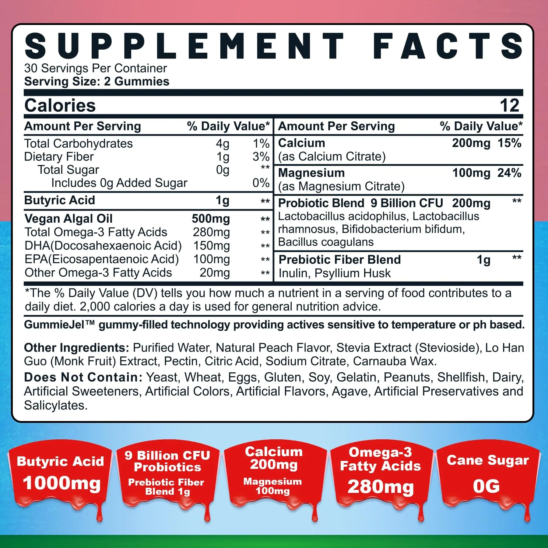 Butyrate Gummies with Probiotic + Prebiotic + Postbiotic, Omega-3 500mg,Fiber with 9 Billion CFU Probiotics, Calcium & Magnesium, Inulin,Psyllium Husk for Digestive Health,Bloating Support,Sugar Free NextdiaBuy Supplements Australia