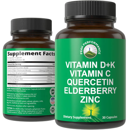 Immune Support Supplement with 6 Top Ingredients. Vitamin D3 K2 + Vitamin C + Elderberry + Zinc + Quercetin. Includes 5000 IU Vitamin D. Immunity Capsules. Supplements for Women and Men Peak PerformanceBuy Supplements Australia