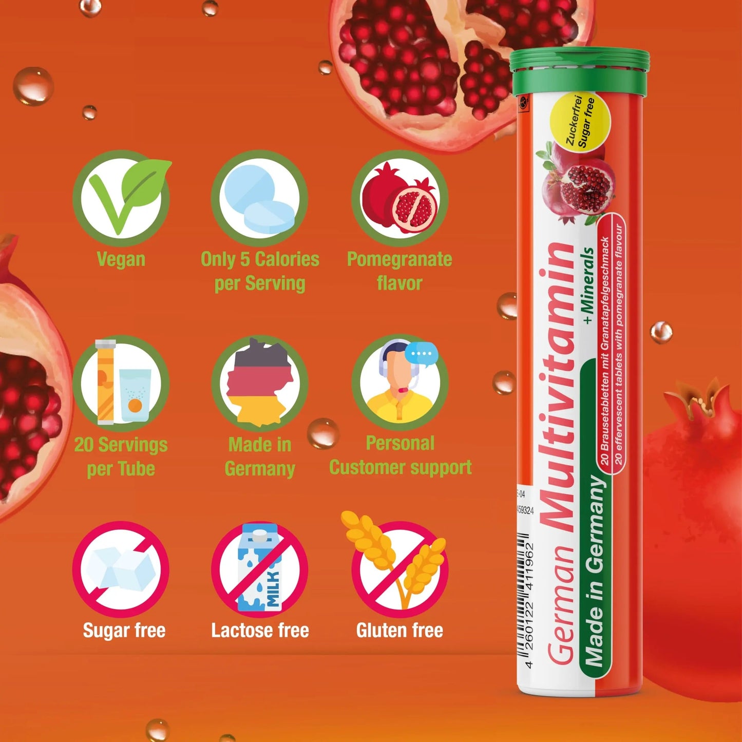 T&D German Multvitamin + Minerals 10 Vitamins 2 Minerals - 100 Vegan Drink Effervescent Tablets - Pomegranate Flavor T&D