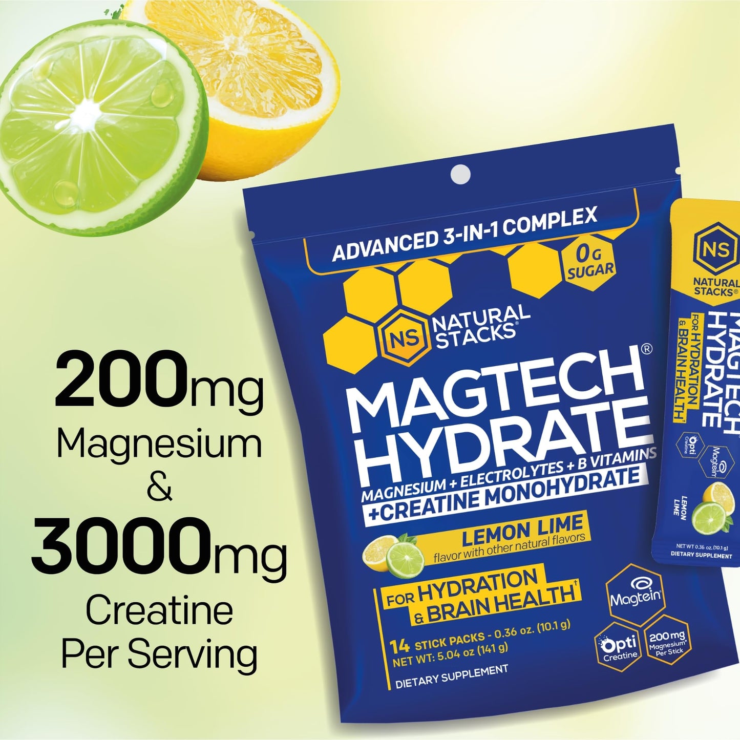 NATURAL STACKS Magtech Magnesium Hydrate + Creatine - Sugar Free Electrolyte Drink - Magtein Magnesium L-Threonate, Glycinate & Taurate - Supports Hydration & Cellular Energy - 14 Hydration Packets NATURAL STACKSBuy Supplements Australia