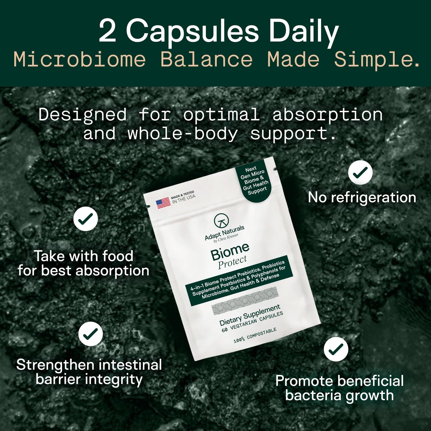 Adapt Naturals 4-in-1 Biome Protect Prebiotics, Probiotics Supplement Postbiotics & Polyphenols for Microbiome, Gut Health & Defense for Women & Men, 30 Day Supply