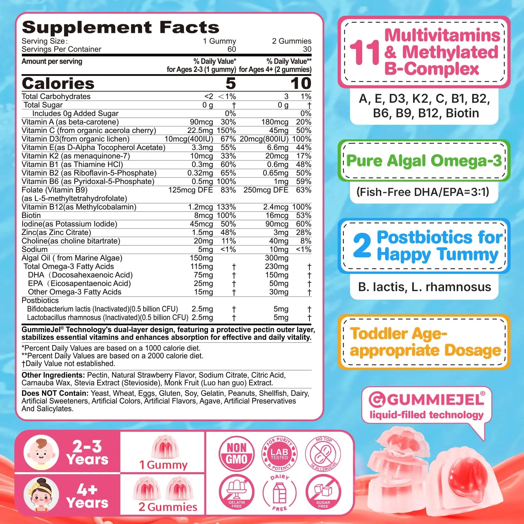 Organic Toddler Multivitamin Gummies + Omega-3 (DHA/EPA), Postbiotics | kids 2+ multivitamin | Vitamins A C D3 Methyl B12 Folate Zinc EnvyCure