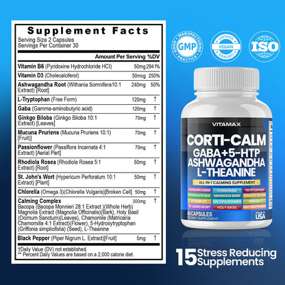 Corti-Calm Cortisol Supplement, L Theanine, Ashwagandha, Vitamin D 3, GABA for Relaxation, Fatigue & Focus with Ginkgo Biloba, Bacopa Monnieri, 5-HTP – Non-GMO, Made in USA – 60ct VitamaxBuy Supplements Australia