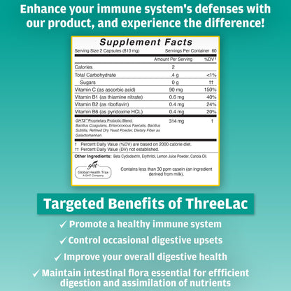 Global Health Trax GHT - ThreeLac Probiotic Capsules, 480 Count - Comprehensive Digestive Support for Men, Women, and Children - Immune System and Gut Balance, Non-GMO ght Global Health TraxBuy Supplements Australia