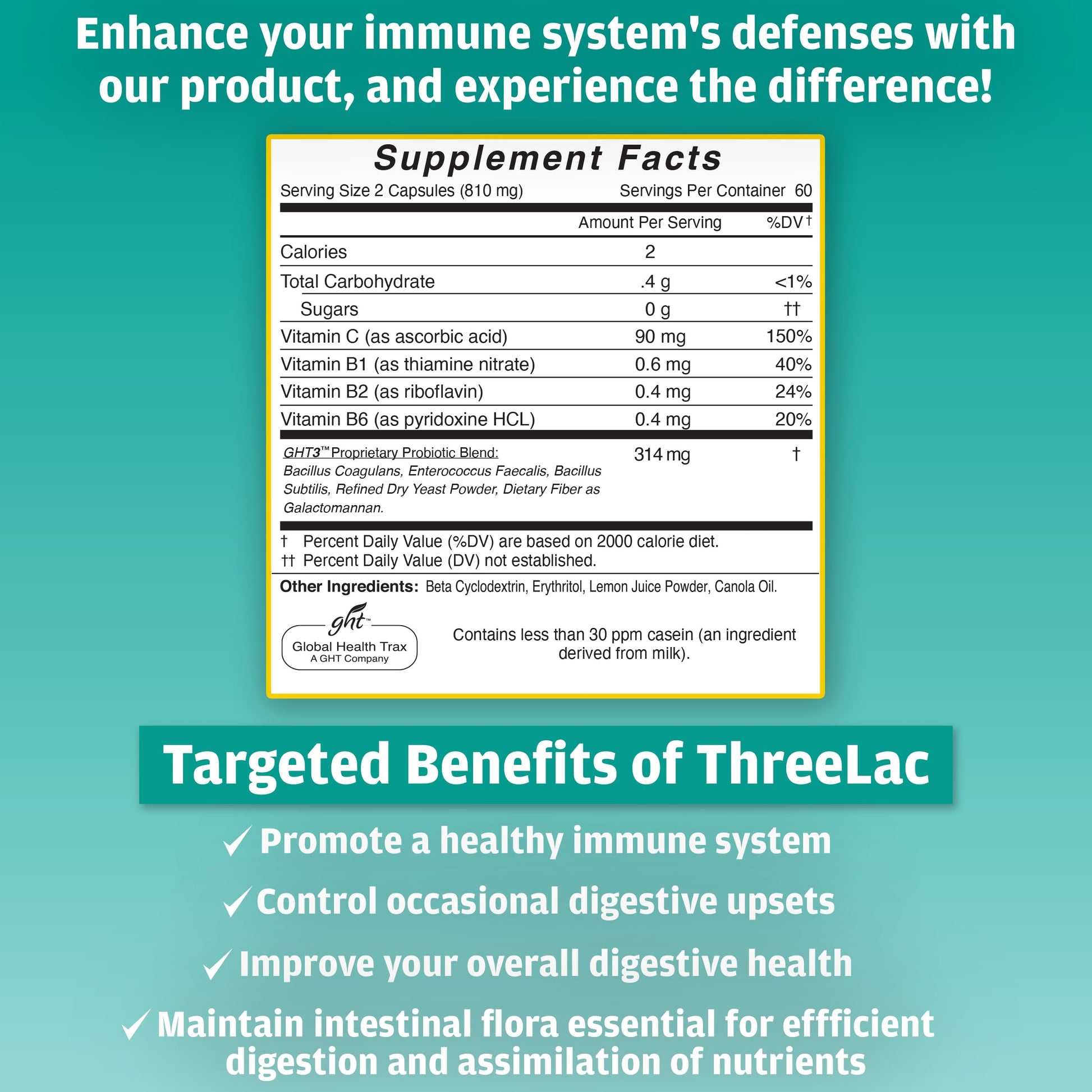 GHT - ThreeLac Probiotic Capsules, 240 Ct - Comprehensive Digestive Support for Men, Women, and Children - Immune System and Gut Balance, Non-GMO ght Global Health TraxBuy Supplements Australia