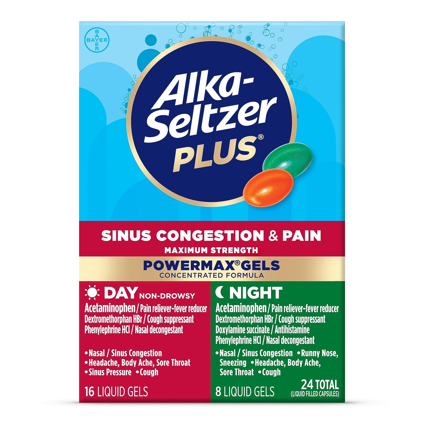 Alka-Seltzer Plus Maximum Strength PowerMax Sinus Congestion & Pain Medicine, Day + Night Liquid Gels - Powerful Relief for Cold and Flu, + Sinus Congestion for Adults and Children 12+ Years, 24 Count ALKA-SELTZER PLUS buy supplements Au