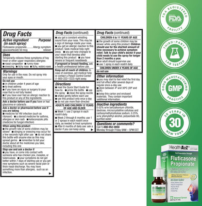 HealthA2Z® Allergy Relief, Fluticasone Propionate 50mcg, Nasal Spray, 24-Hour Allergy Relief, Nasal Decongestant, Dye Free, 72 Sprays (0.38 fl oz) HealthA2Z buy supplements Au