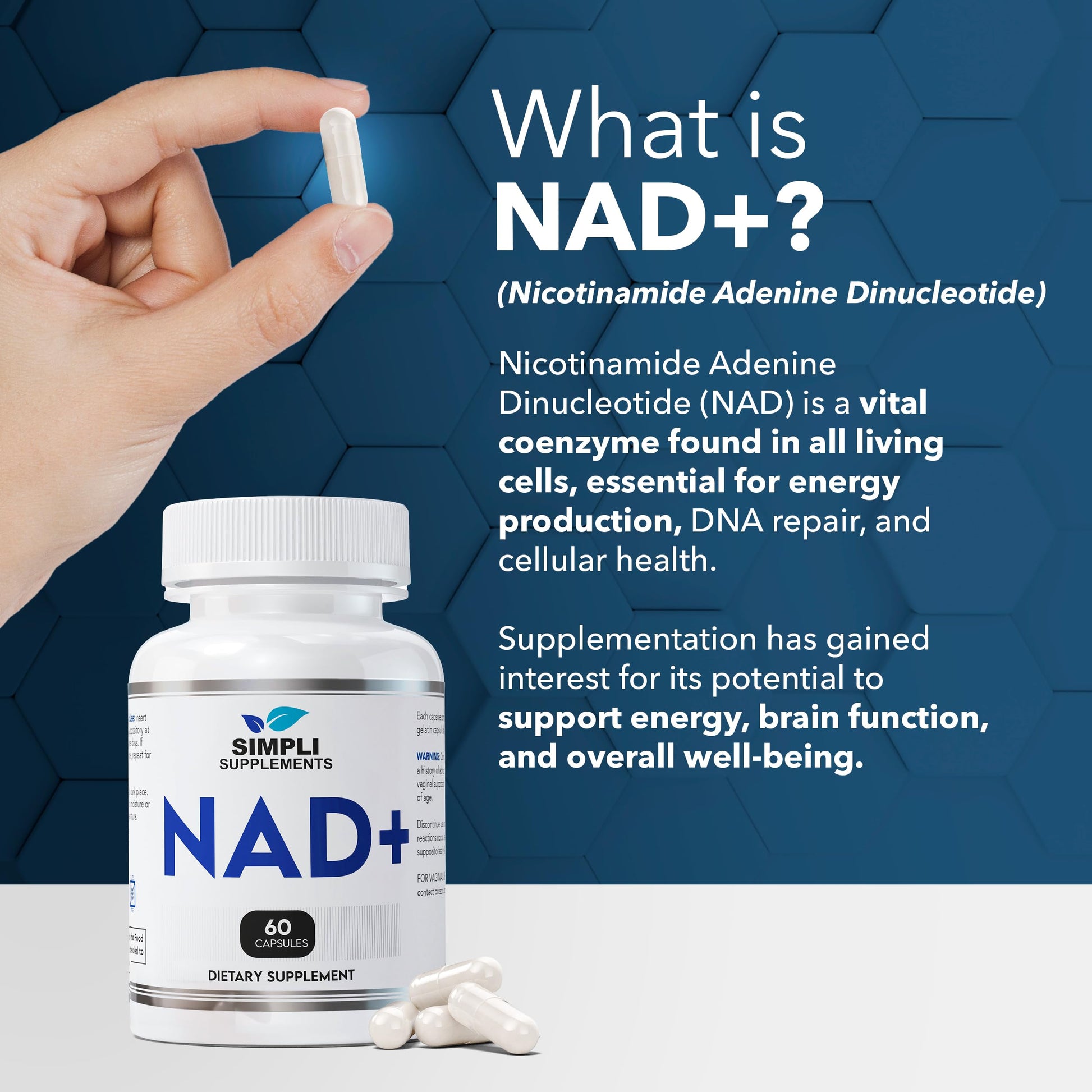 NAD Supplement for Anti-Aging and Cell Regeneration | NAD Booster 500mg Per Serving | NMN Supplement Alternative | Similar to Nicotinamide Riboside | 120 Capsules (2 Month Supply) Simpli SupplementsBuy Supplements Australia