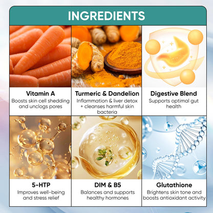 Clear Skin Supplement & Acne Supplement with Vitamin A, DIM, Milk Thistle – Hormonal Balance, Liver Detox & Antioxidant Support – Glutathione, Turmeric, Dandelion – Natural Skin Formula 90 Capsules SUUDUULBuy Supplements Australia