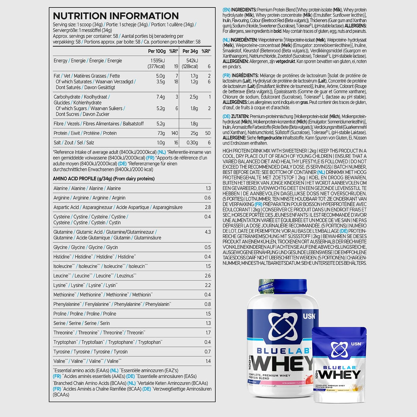 USN Blue Lab Whey Protein Powder: Strawberry - Whey Protein 2kg - Post-Workout - USNBuy Supplements Australia