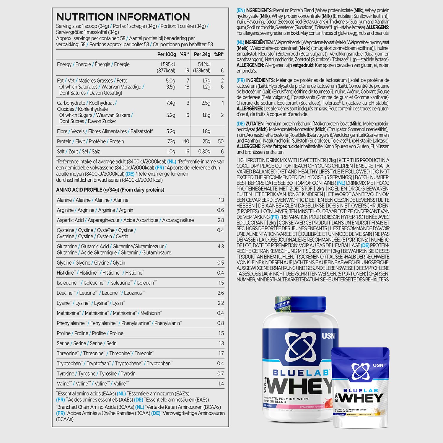 USN Blue Lab Whey Protein Powder: Strawberry - Whey Protein 2kg - Post-Workout - USNBuy Supplements Australia