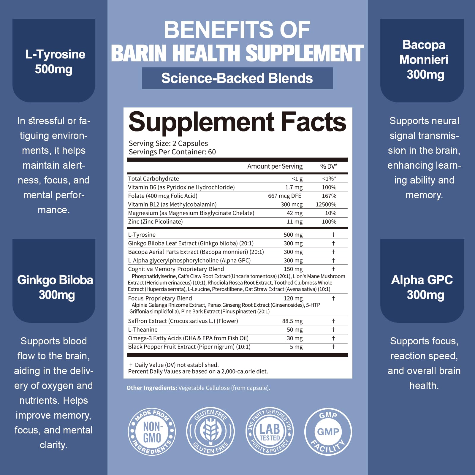 Totara Brain Supplements for Memory and Focus丨Non-Caffeinated Energy with L-Tyrosine, Alpha GPC, Ginkgo Biloba, Bacopa Monnieri, Saffron – Gluten Free, Non-GMO for Neuro & Brain Health (120 Counts) TotariaBuy Supplements Australia