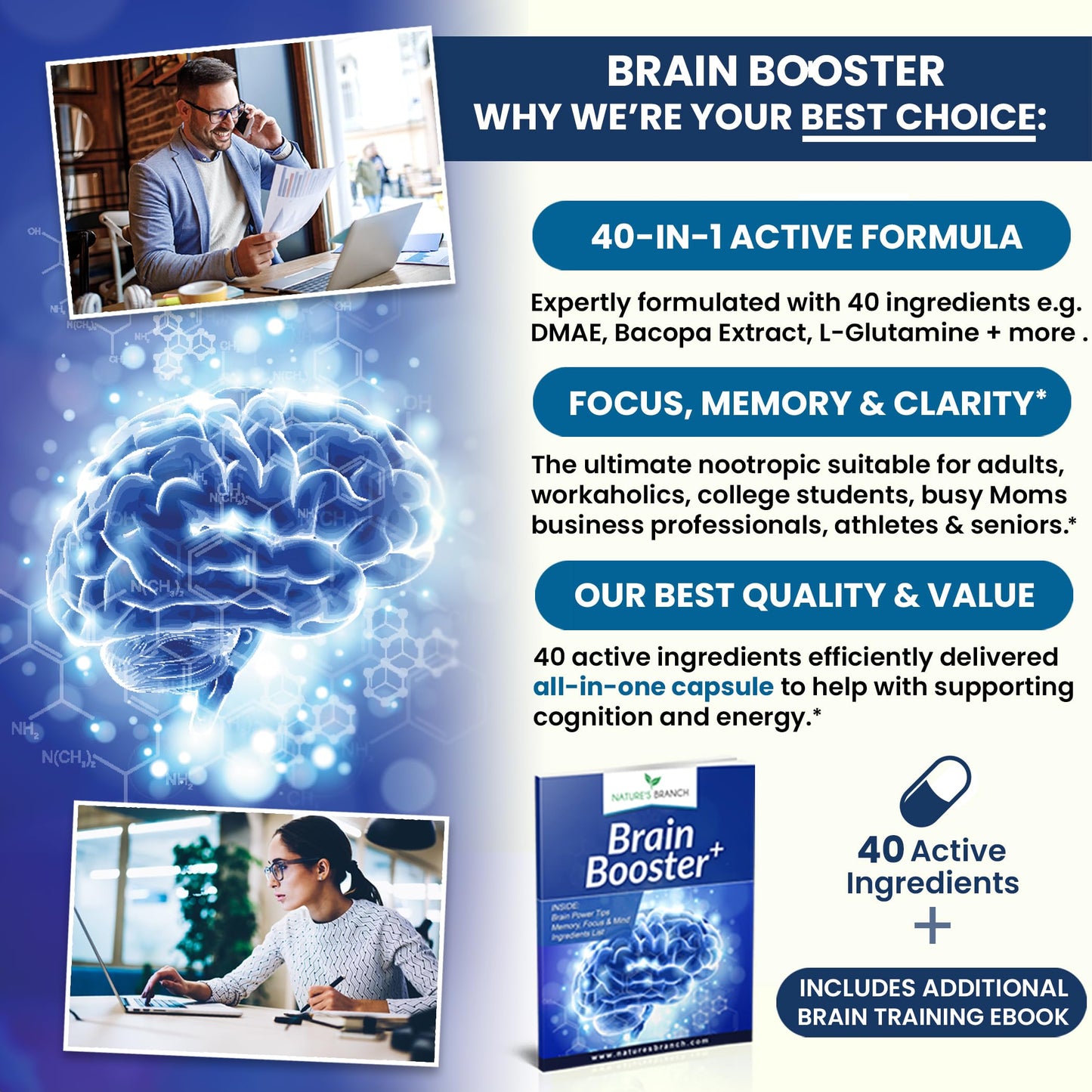 40-in-1 Brain Booster Supplement for Focus, Memory, Clarity, Energy | Advanced Vitamins Plus eBook | for Men & Women, Cognitive Function Nootropic Support with DMAE, Mind Health Formula | 60 Capsules NATURE'S BRANCHBuy Supplements Australia