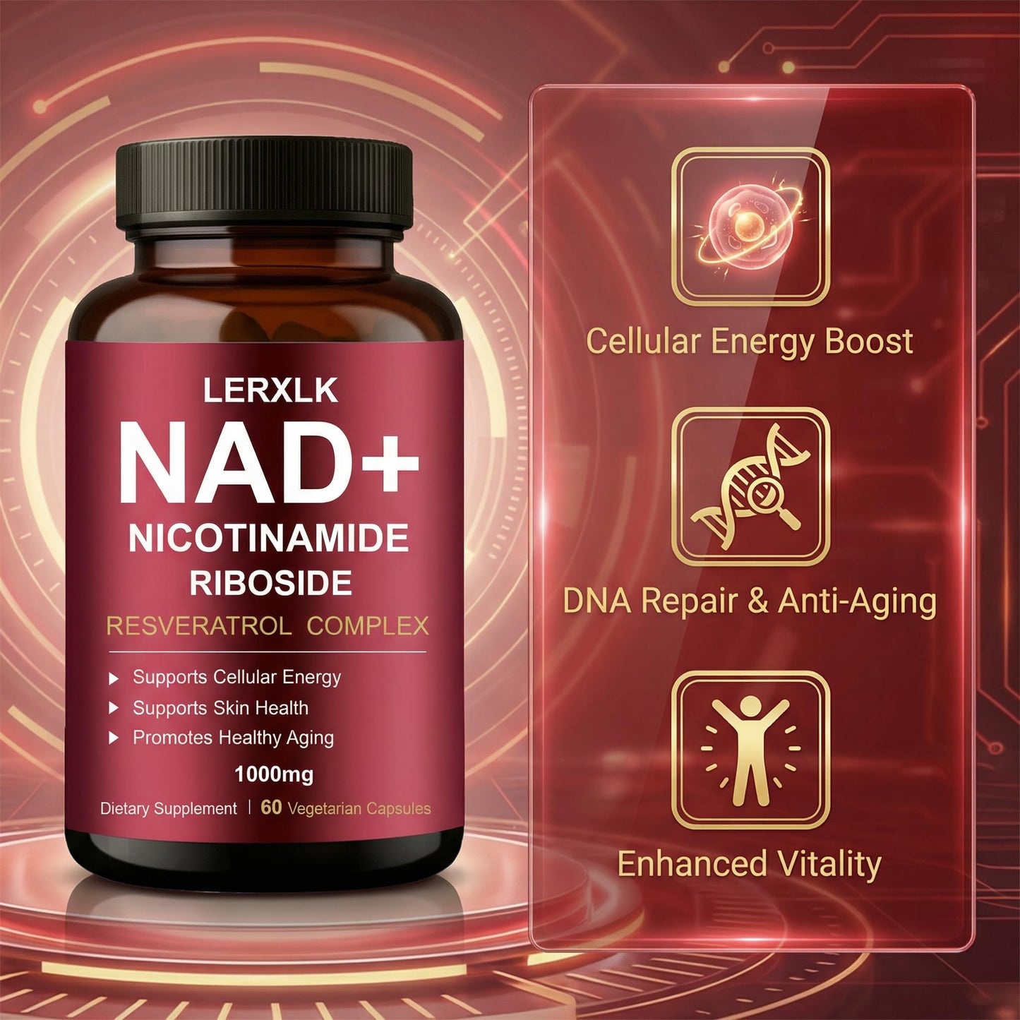 LERXLK NAD+ Supplement 1000mg – Liposomal Nicotinamide Riboside with Resveratrol, Advanced Cellular Energy & Healthy Aging Support, 60 Vegetarian Capsules LERXLKBuy Supplements Australia