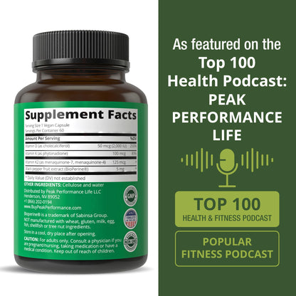 Peak Performance Advanced Vitamin D 2000 IU with All 3 Types of Vitamin K Vitamin D3 and Vitamin K2, K1, MK-7 (MK7), MK4 Supplements - 60 Small and Easy to Swallow Vegetable Pills Peak PerformanceBuy Supplements Australia