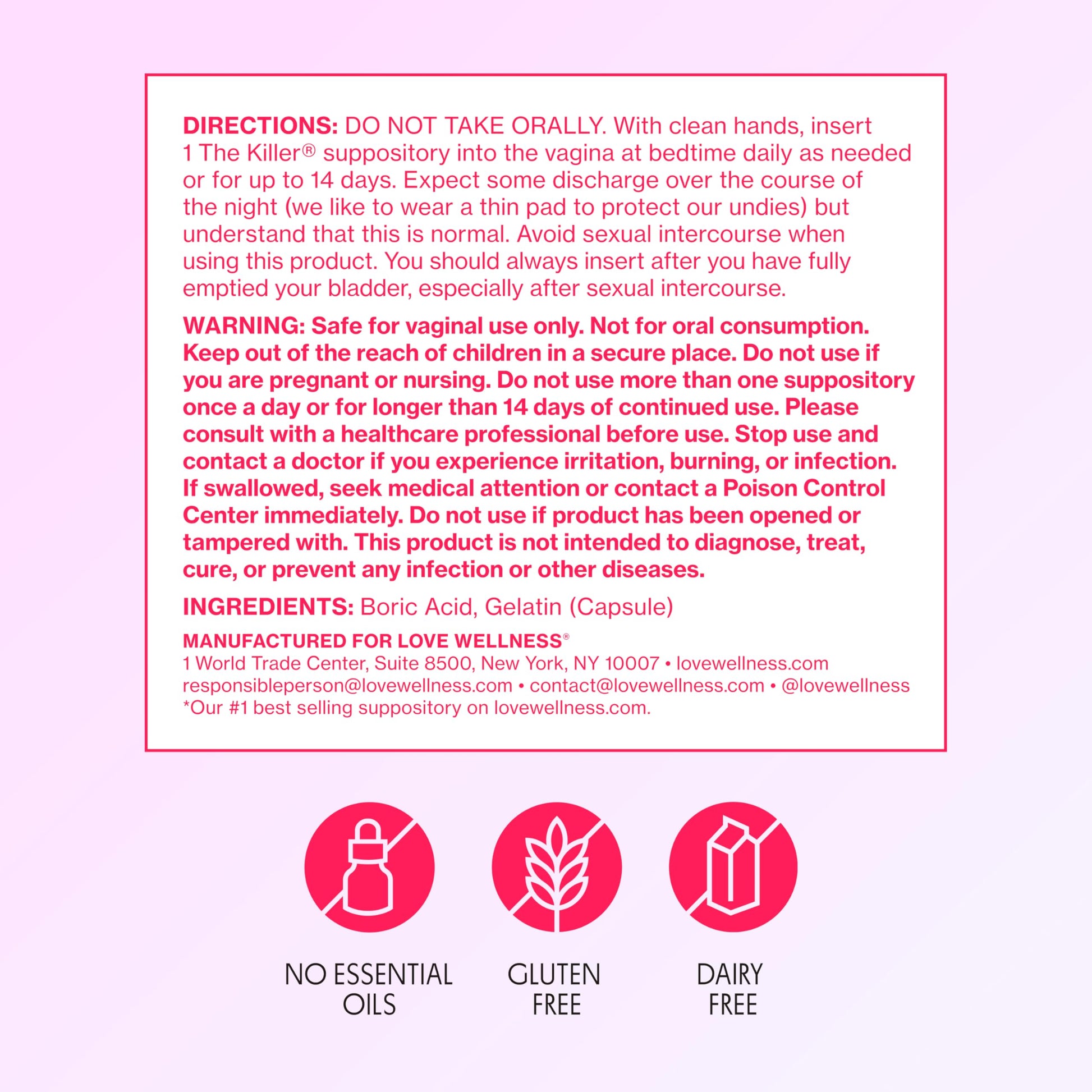 Love Wellness The Killer | Boric Acid Vaginal Suppositories | Balances pH & Supports Odor Control, a Healthy Vaginal Balance and Environment | Fast-Acting & Fragrance-Free | Gentle & Effective | 14 Ct Love WellnessBuy Supplements Australia
