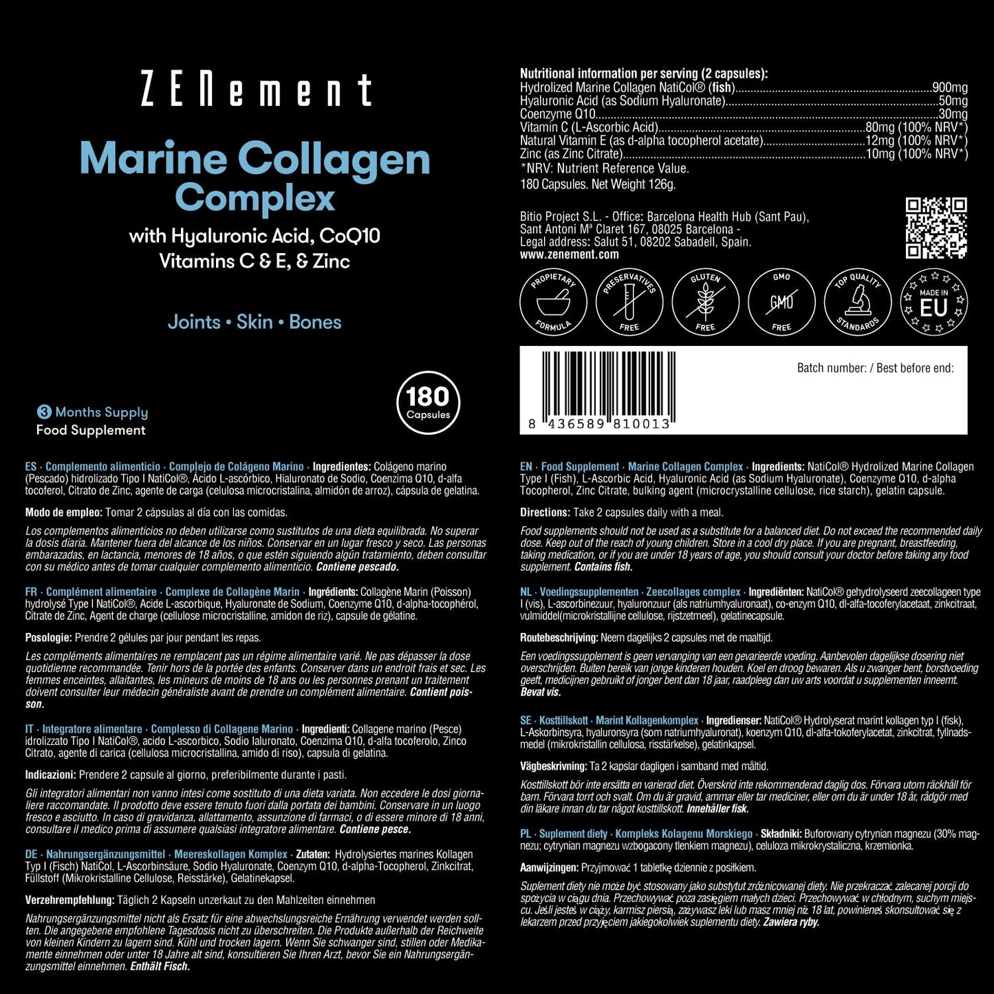 Marine Collagen Complex, with Hyaluronic Acid, CoQ10, Vitamins C & E, & Zinc, 180 Capsules ZenementBuy Supplements Australia