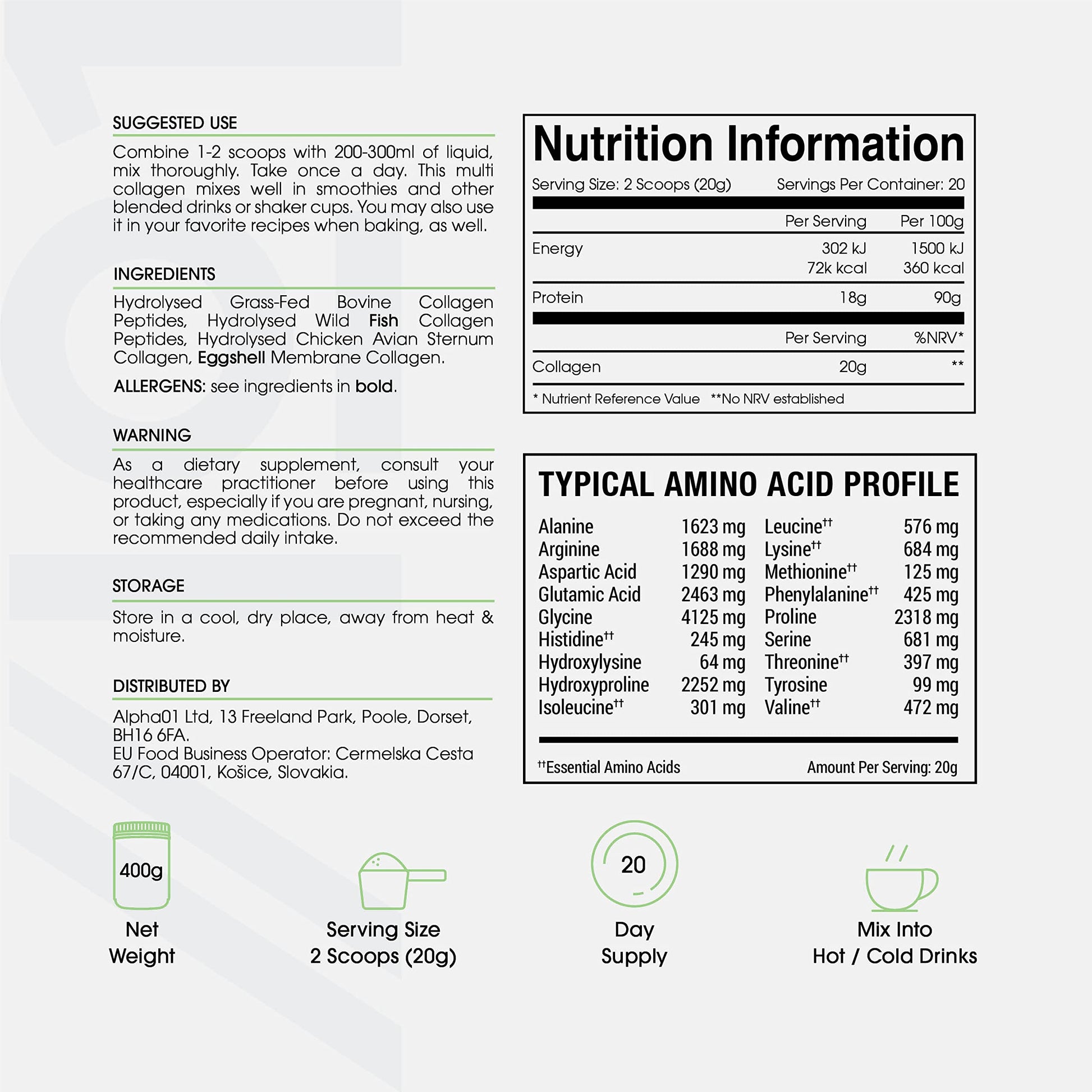 Multi Collagen Protein Powder (400g) - Types I, II, III, V & X - Hydrolyzed Grass Fed Bovine, Wild Caught Fish ALPHA01Buy Supplements Australia