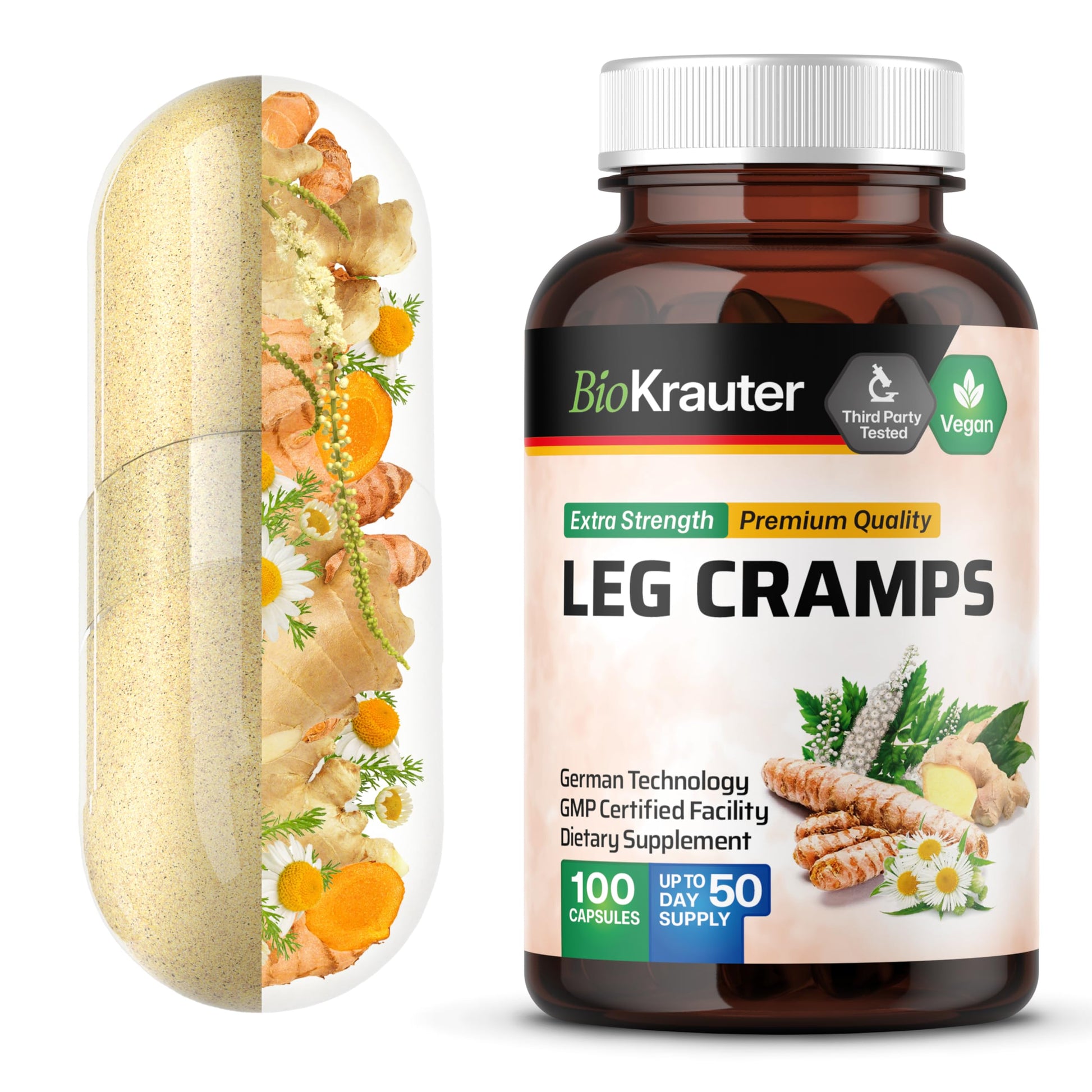 BIO KRAUTER® Magnesium Glycinate for Leg Сramps & Relax - 5-in-1 Formula Magnesium Glycinate 400mg with Turmeric, Black Cohosh, Ginger, Chamomile 1200 mg 100 Caps - No Fillers, Non-GMO, 50-Day Supply BIO KRAUTERBuy Supplements Australia