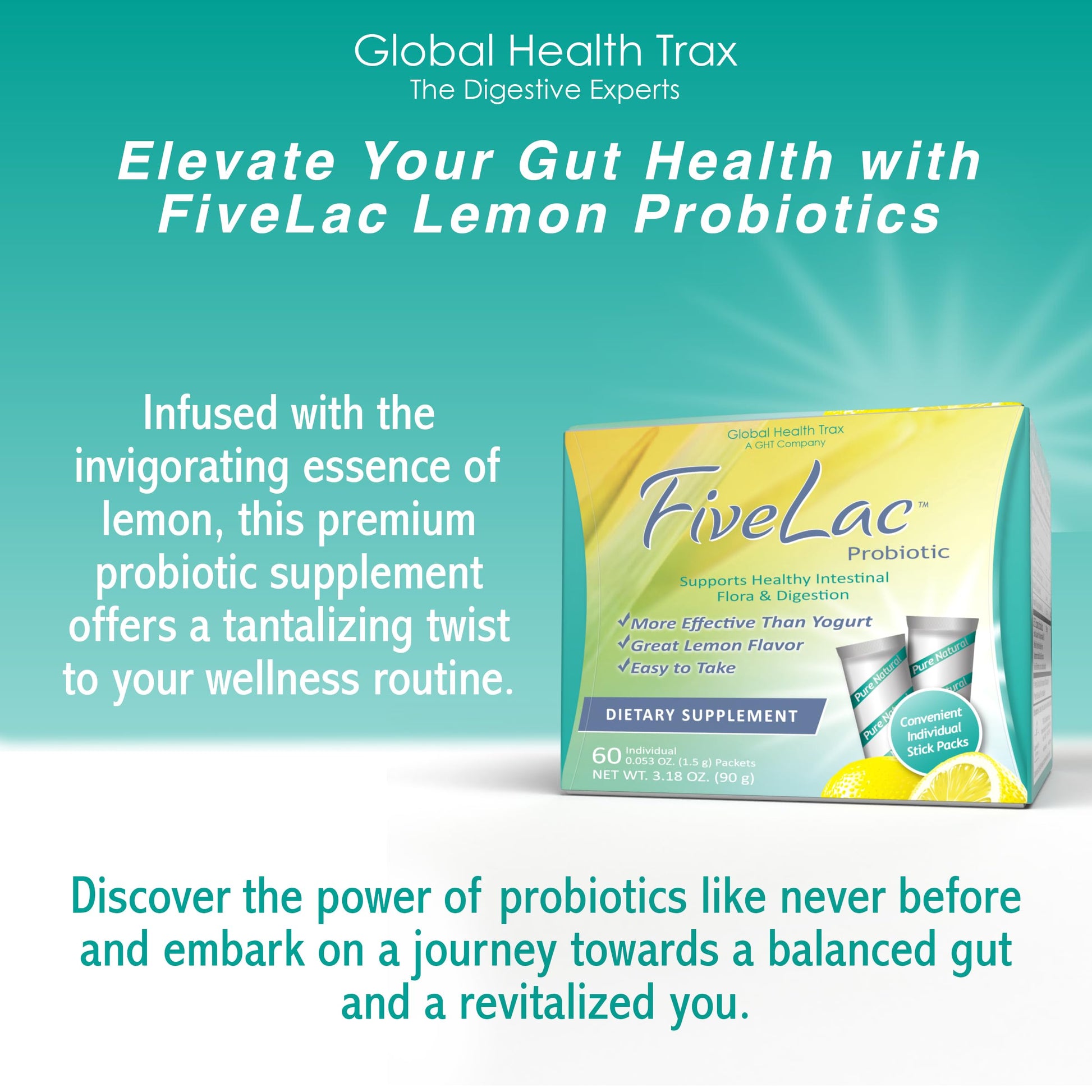 Global Health Trax GHT - FiveLac Lemon Probiotic Powder Drink Mix, Probiotics for Women, Men, Kids - Smooth Digestive Support & Elimination – Relieve Constipation & Gas - 60 Packets, 3.18 Oz, Non-GMO ght Global Health TraxBuy Supplements Australia