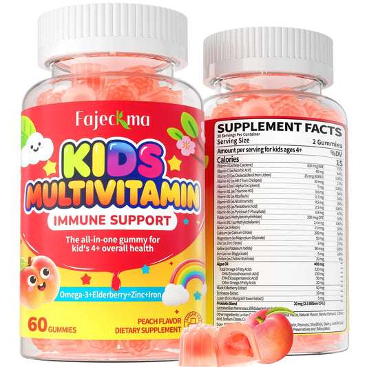 Fajeckma Organic Kids Multivitamin Gummies: Sugar Free Multi Vitamin Gummy with Vitamins D3 Iron Omega Probiotic Elderberry Calcium Zinc Dha Fajeckma