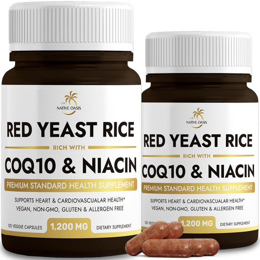 Native Oasis (2 Bottles) Red Yeast Rice 1,200 mg. Capsules Made with CoQ10 and Flush 
