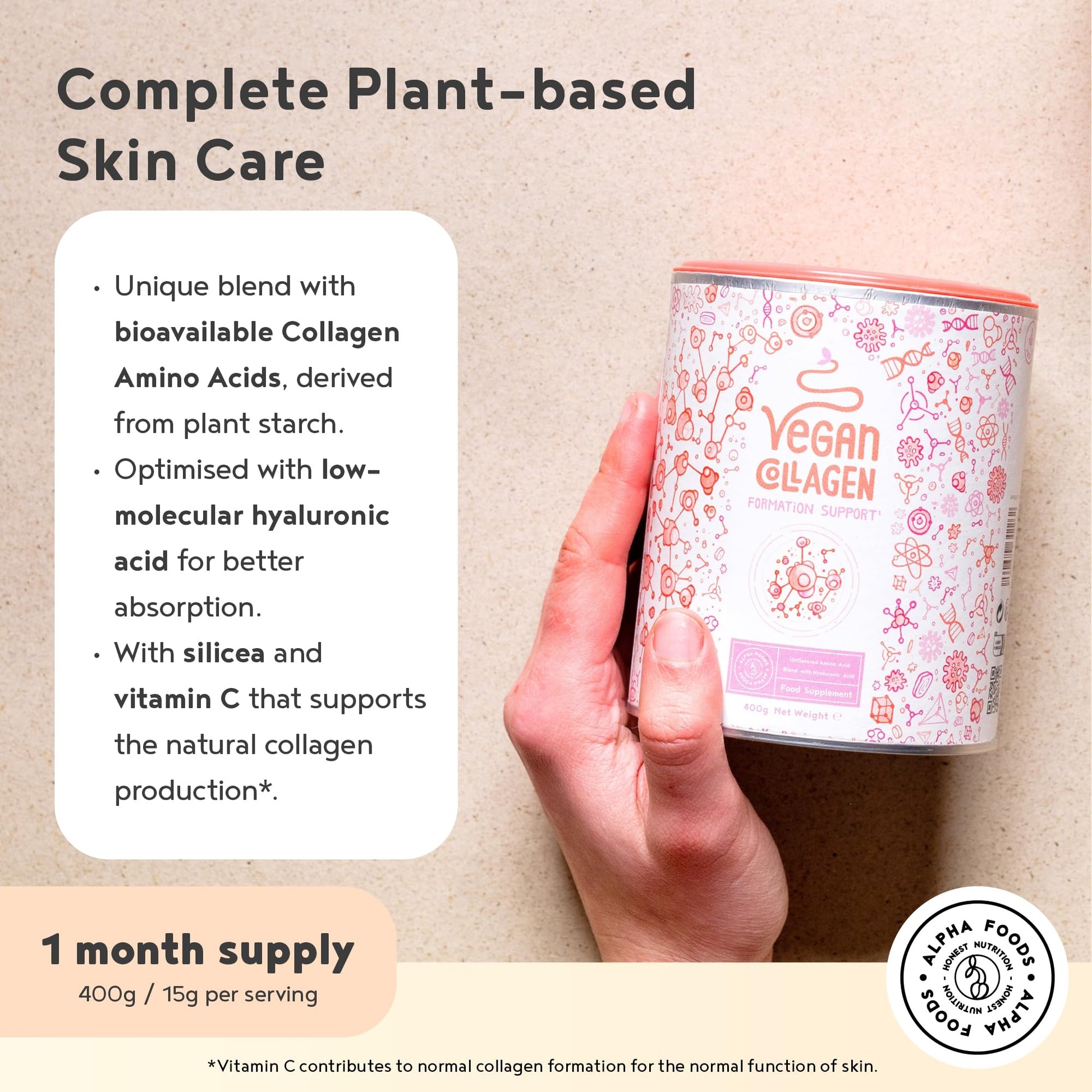 Vegan Collagen Powder with Hyaluronic Acid - Unflavoured 400g Powder Alpha FoodsBuy Supplements Australia