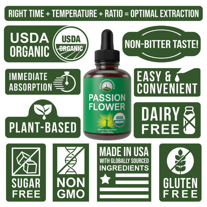 USDA Organic Passion Flower Extract Vegan Liquid Drops with High Bioavailability for Women and Men. Organic Passionflower Supplement with Zero Sugar and Gluten Free. for Calm, Relaxation Support. Peak PerformanceBuy Supplements Australia