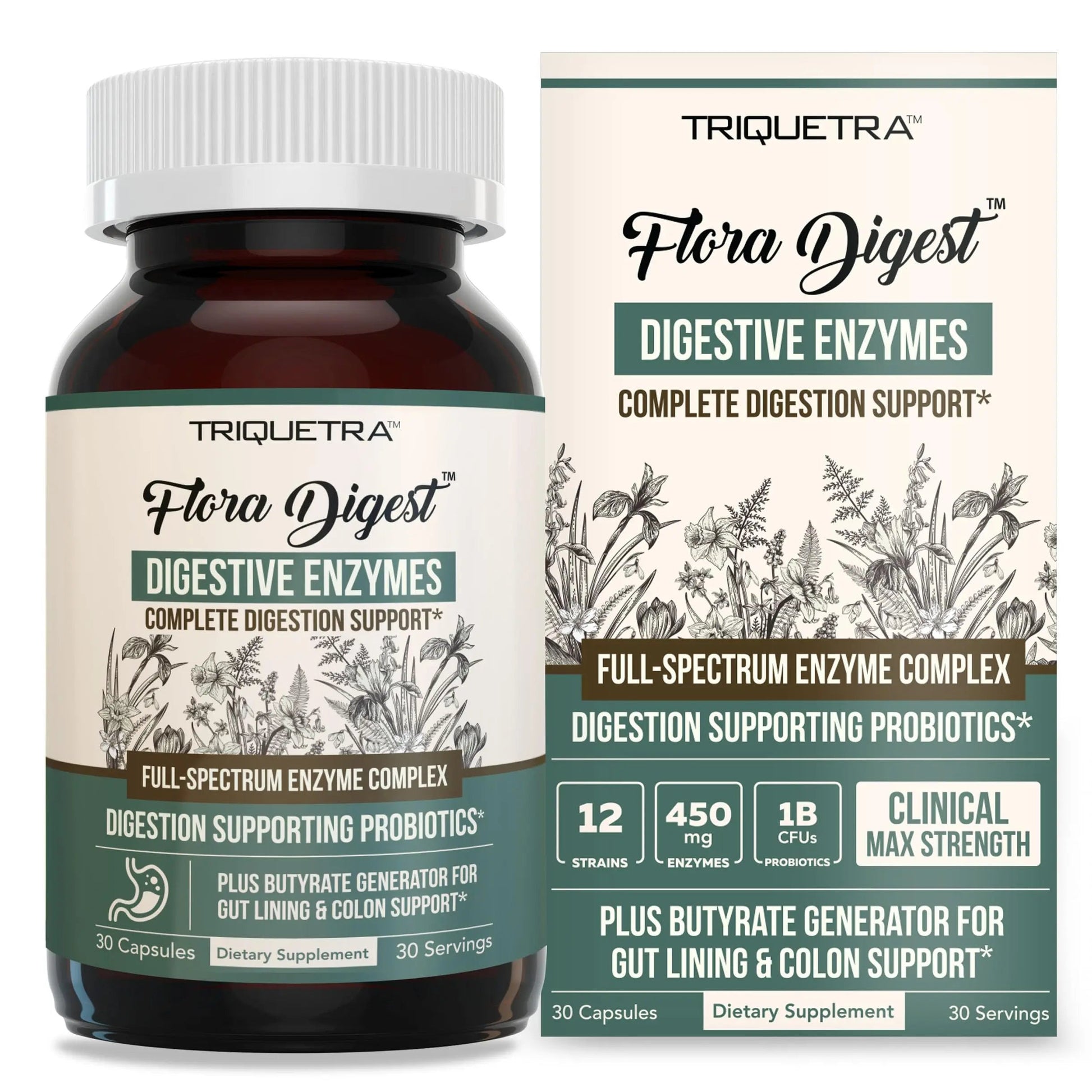 Flora Digest - 3-in-1 Max Strength Digestive Enzymes + Gut Surviving Probiotics & ButyraGen® Postbiotic for Optimal Digestion, Bloating Relief, Regularity, Gut Lining & Colon Support - (30 Capsules) Triquetra HealthBuy Supplements Australia